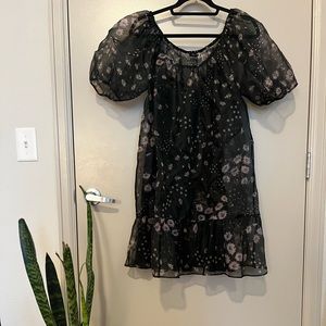 NWT Madewell Silk Organza Puff-Sleeve Ruffle-Hem Mini Dress in Polka Daisies